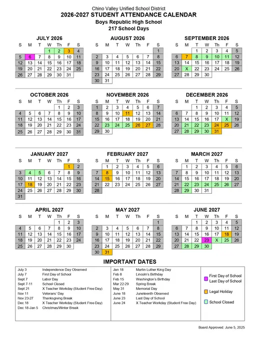 Chino Valley Unified School District 2026–2027 Academic Calendar Page 3