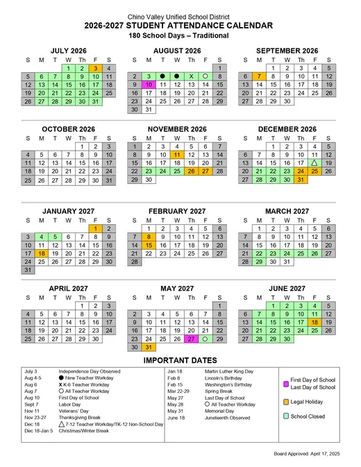 Chino Valley Unified School District 2026–2027 Academic Calendar Page 4
