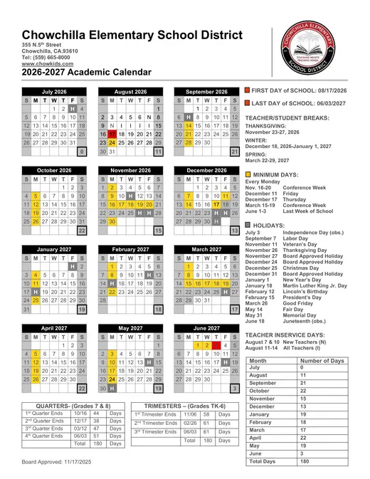 Chowchilla Elementary School District CESD 2026–2027 Academic Calendar