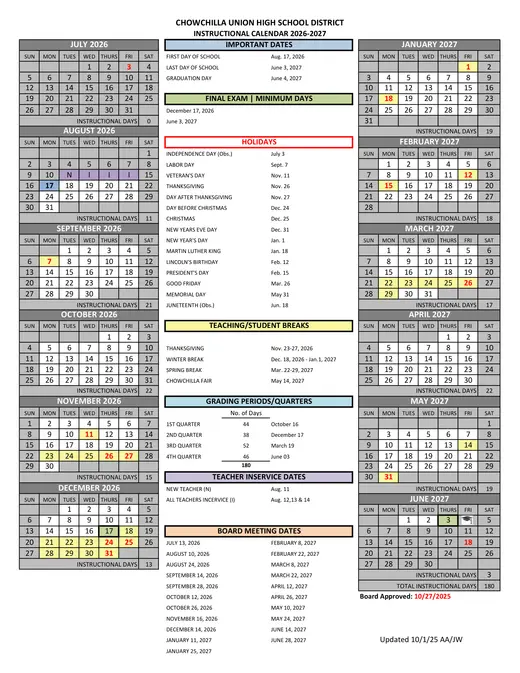 Chowchilla Union High School District CUHSD 2026–2027 Academic Calendar