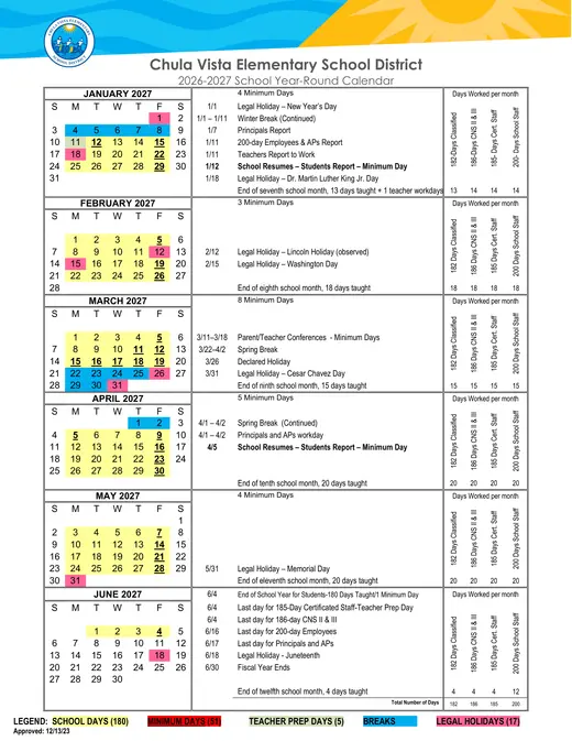 Chula Vista Elementary School District 2026–2027 Academic Calendar Page 2