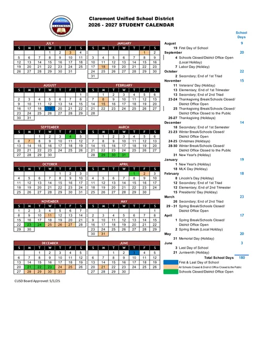 Claremont Unified School District 2026–2027 Academic Calendar