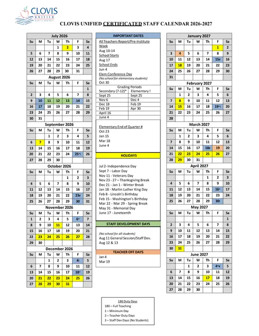 Clovis Unified School District 2026–2027 Academic Calendar