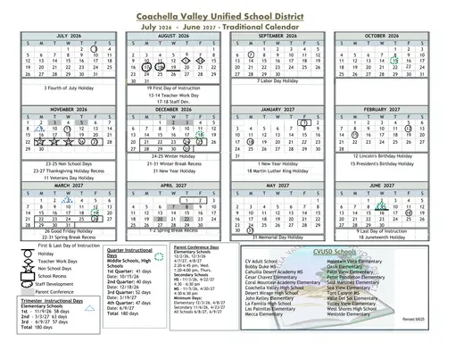 Coachella Valley Unified School District 2026–2027 Academic Calendar