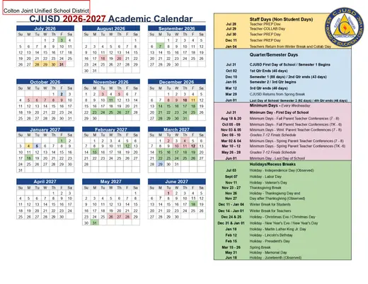 Colton Joint Unified School District 2026–2027 Academic Calendar