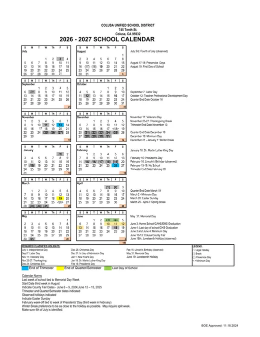 Colusa Unified School District 2026–2027 Academic Calendar