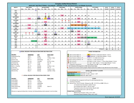 Compton Unified School District 2026–2027 Academic Calendar