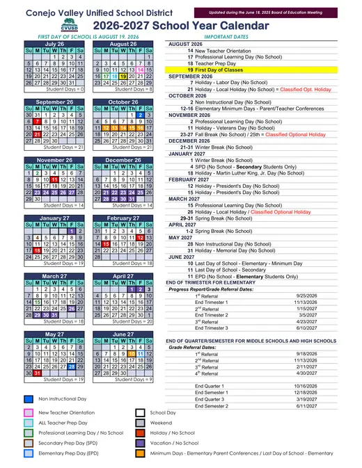Conejo Valley Unified School District 2026–2027 Academic Calendar