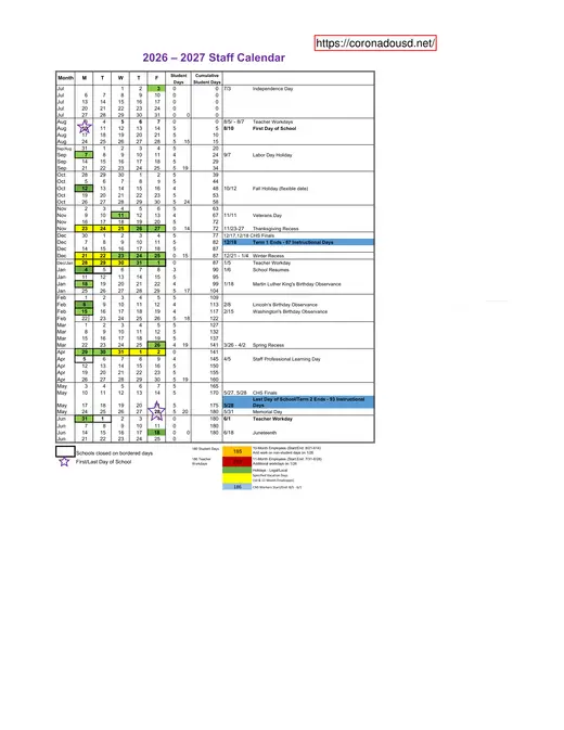 Coronado Unified School District 2026–2027 Academic Calendar