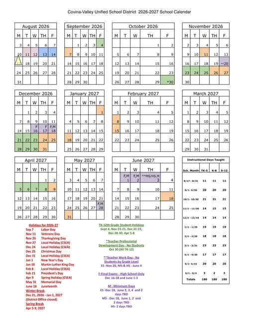 Covina-Valley Unified School District 2026–2027 Academic Calendar Page 1