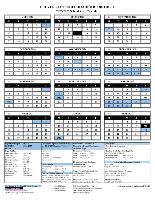 Culver City Unified School District 2026–2027 Academic Calendar