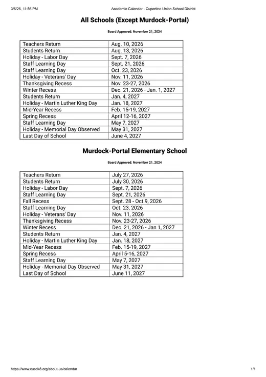 Cupertino Union School District 2026–2027 Academic Calendar