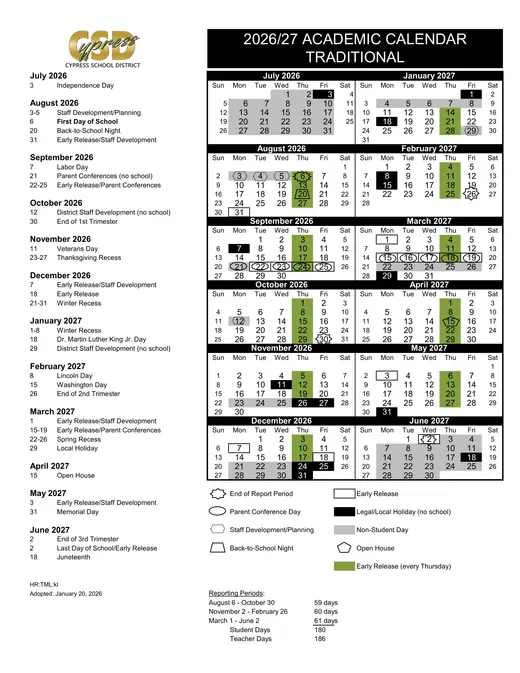 Cypress School District 2026–2027 Academic Calendar