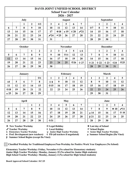 Davis Joint Unified School District DJUSD 2026–2027 Academic Calendar