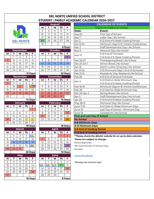 Del Norte Unified School District 2026–2027 Academic Calendar