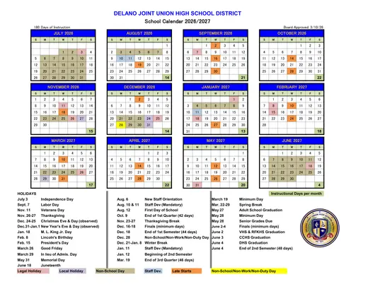 Delano Joint Union High School District 2026–2027 Academic Calendar