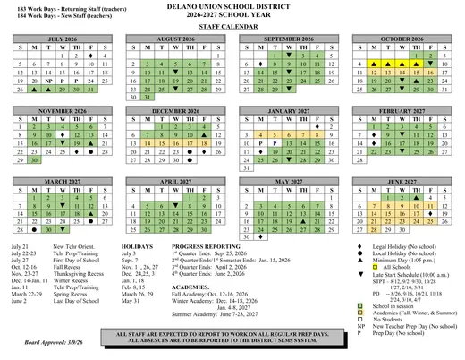 Delano Union School District DUSD 2026–2027 Academic Calendar