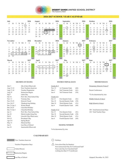 Desert Sands Unified School District 2026–2027 Academic Calendar Page 1