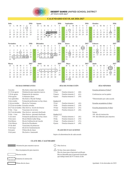 Desert Sands Unified School District 2026–2027 Academic Calendar Page 2
