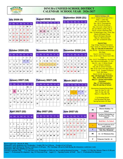 Dinuba Unified School District DUSD 2026–2027 Academic Calendar