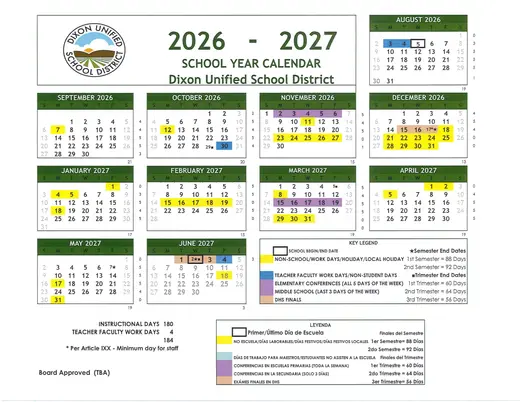 Dixon Unified School District DUSD 2026–2027 Academic Calendar