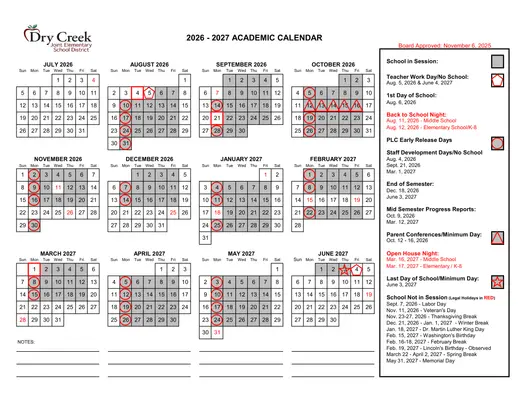 Dry Creek Joint Elementary School District DCJESD 2026–2027 Academic Calendar