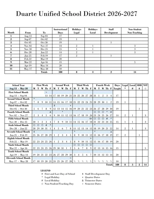 Duarte Unified School District 2026–2027 Academic Calendar Page 1