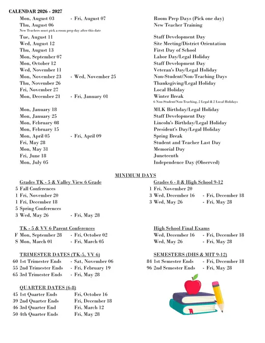 Duarte Unified School District 2026–2027 Academic Calendar Page 2