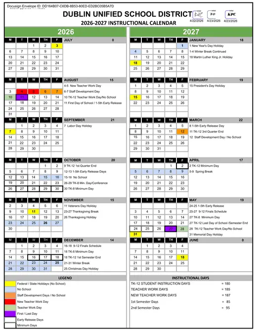 Dublin Unified School District 2026–2027 Academic Calendar