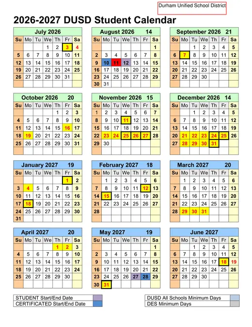 Durham Unified School District 2026–2027 Academic Calendar Page 1