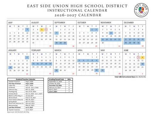 East Side Union High School District 2026–2027 Academic Calendar