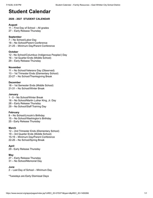 East Whittier City School District 2026–2027 Academic Calendar