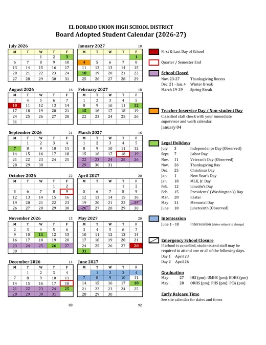 El Dorado Union High School District 2026–2027 Academic Calendar