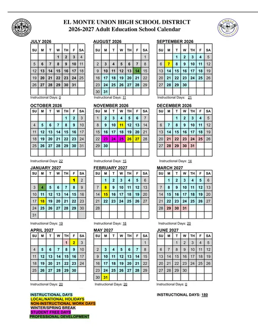 EL MONTE UNION HIGH SCHOOL DISTRICT Adult Education 2026–2027 Academic Calendar