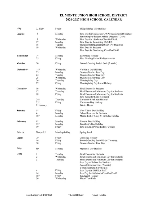 El Monte Union High School District 2026–2027 Academic Calendar