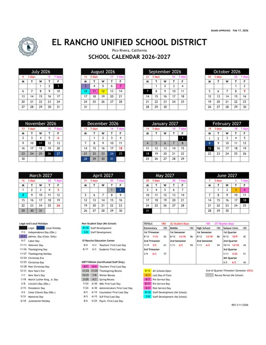 El Rancho Unified School District 2026–2027 Academic Calendar
