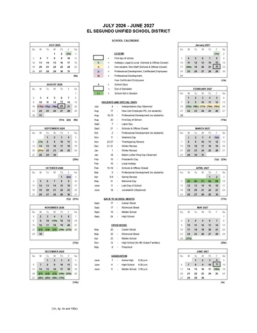 El Segundo Unified School District 2026–2027 Academic Calendar