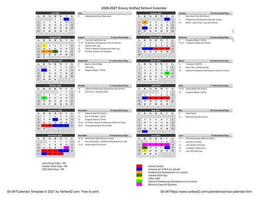 Emery Unified School District 2026–2027 Academic Calendar
