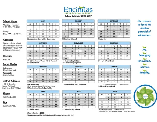 Encinitas Union School District 2026–2027 Academic Calendar