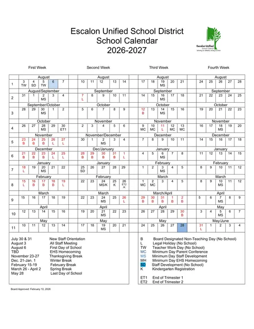Escalon Unified School District EUSD 2026–2027 Academic Calendar