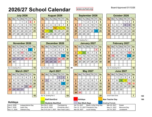 Escondido Union High School District 2026–2027 Academic Calendar