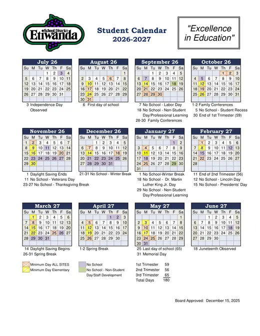 Etiwanda School District 2026–2027 Academic Calendar