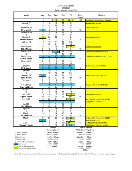 Eureka City Schools 2026–2027 Academic Calendar