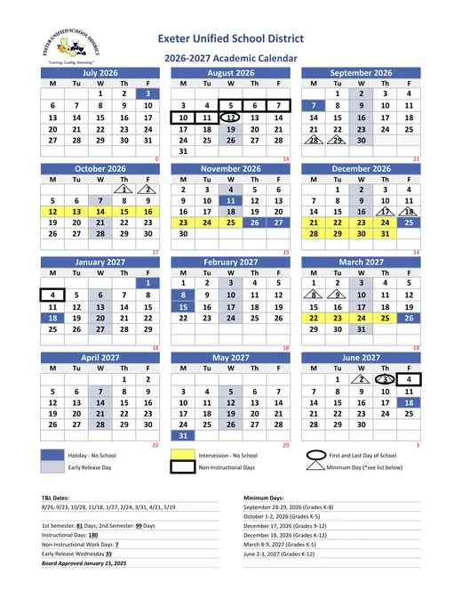 Exeter Unified School District EUSD 2026–2027 Academic Calendar