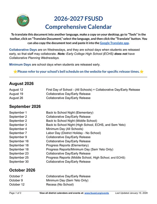 Fairfield-Suisun Unified School District FSUSD 2026–2027 Academic Calendar Page 1