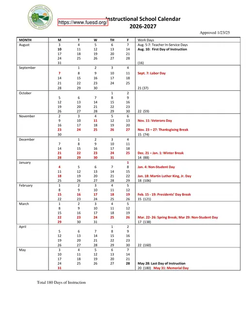 Fallbrook Union Elementary School District 2026–2027 Academic Calendar