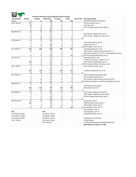 Ferndale Unified School District 2026–2027 Academic Calendar