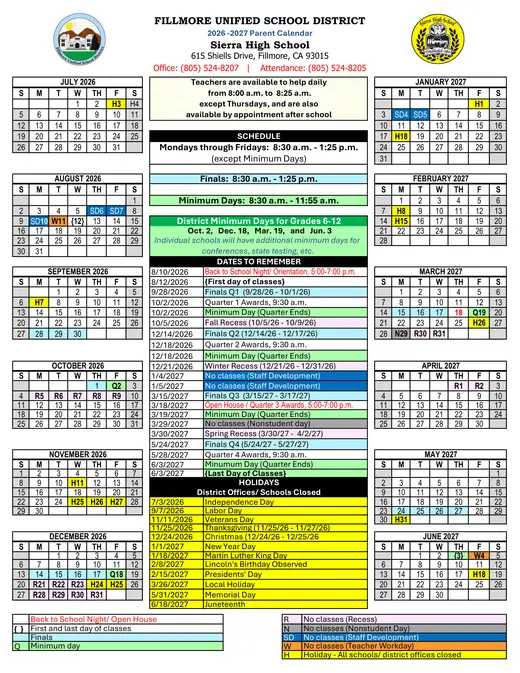 Fillmore Unified School District FUSD 2026–2027 Academic Calendar Page 1