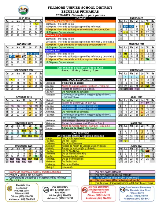 Fillmore Unified School District FUSD 2026–2027 Academic Calendar Page 2