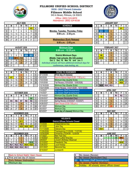 Fillmore Unified School District FUSD 2026–2027 Academic Calendar Page 3